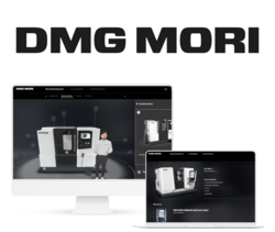 Monitor and laptop show the configuration of a DMG Mori system that uses the CPQ solution from camos 