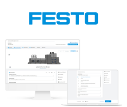 The monitor and laptop show Festo's configuration platform, which is implemented with the camos CPQ solution. 