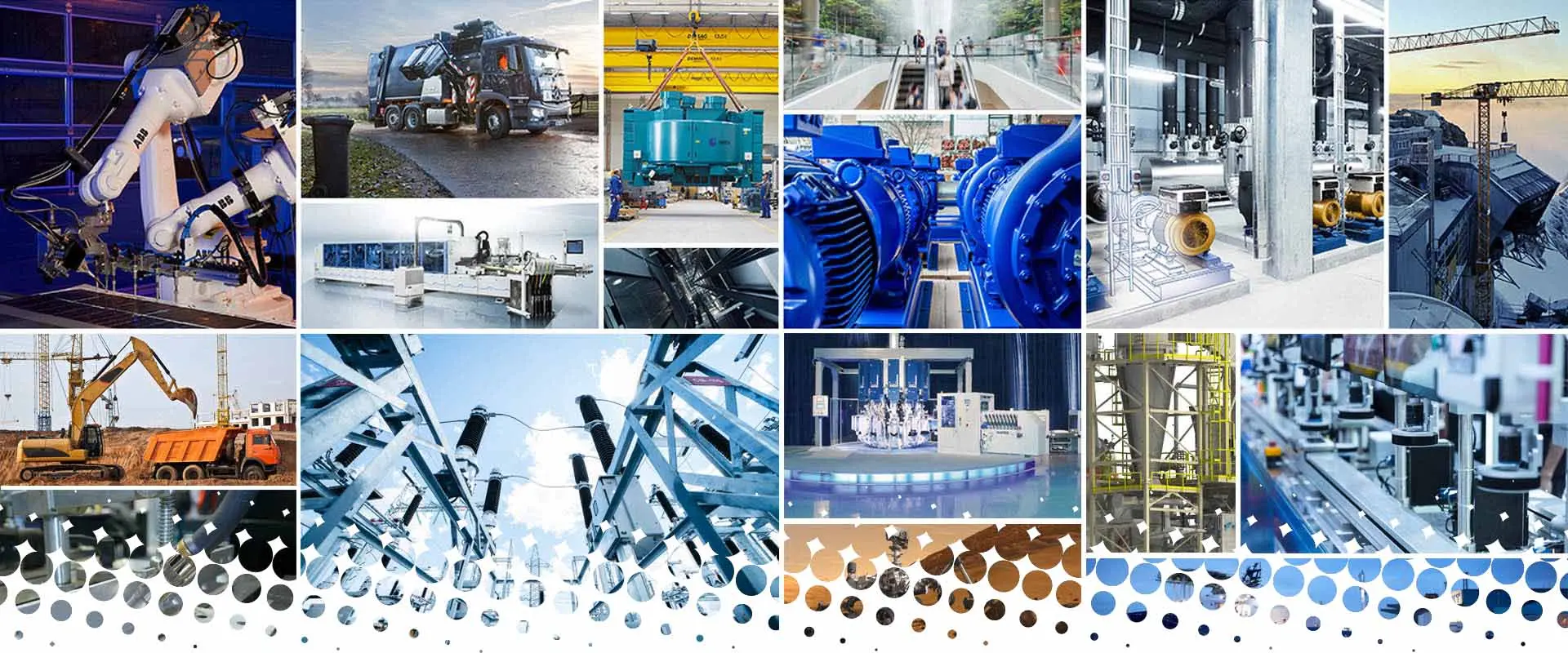 Collage mit Bildern aus Industrie und Technik, darunter Roboter, Maschinen und Baustellen.