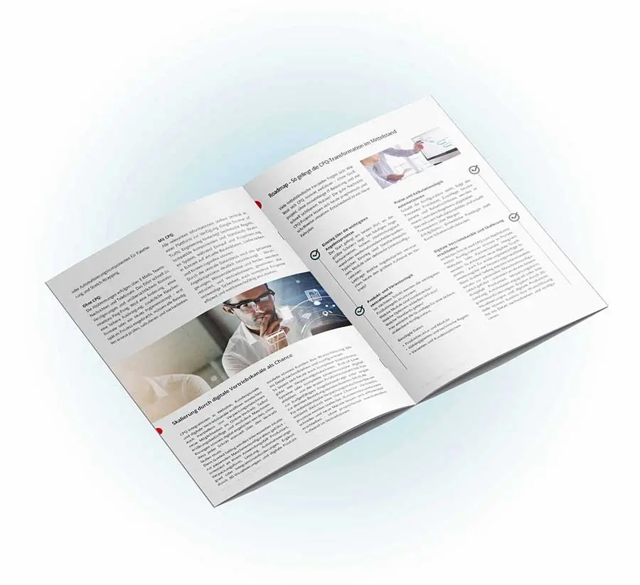 Aufgeschlagenes Magazin mit Auszügen aus dem Whitepaper CPQ für die Verpackungsindustrie