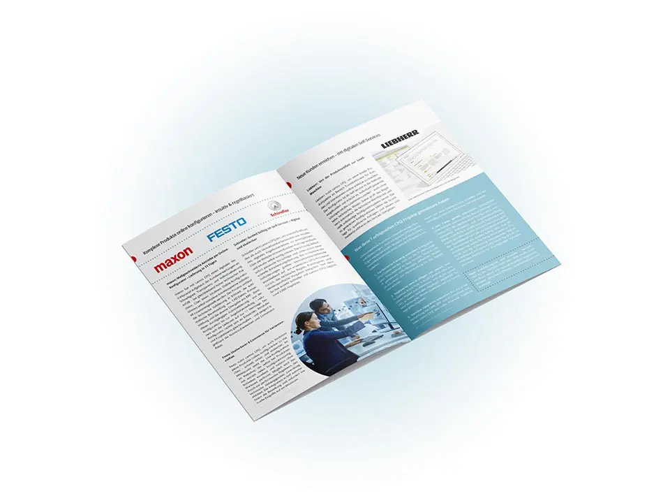 Aufgeschlagenes Magazin mit Success Stories, unter anderem von Unternehmen wie Maxon, Schindler, Liebherr und Festo.